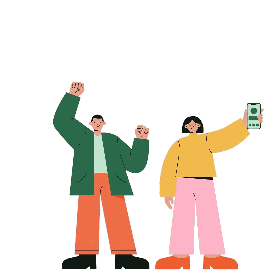 Two people celebrating a reward, one holding up a phone showing the WinWin reward platform
